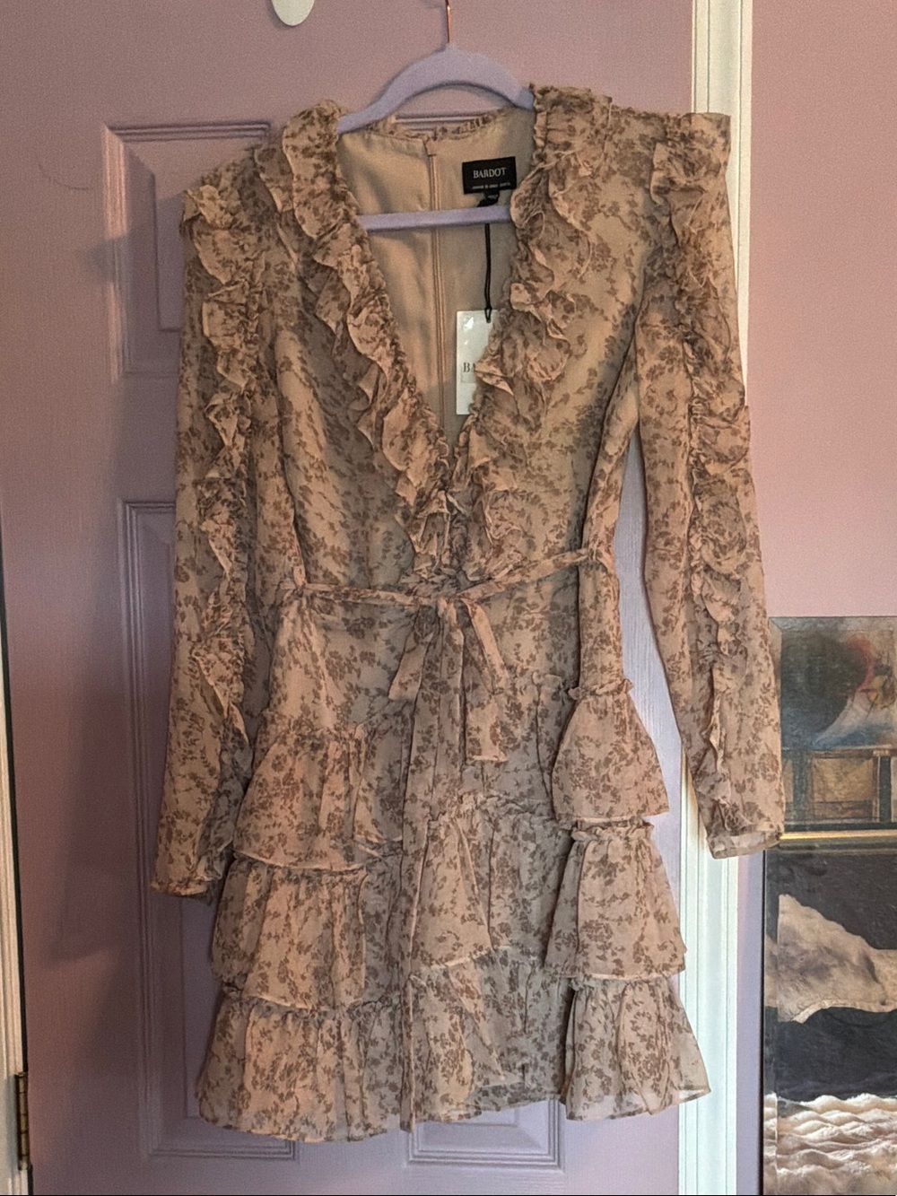 Bardot Beige Floral Ruffle Tiered Long-Sleeve Dress